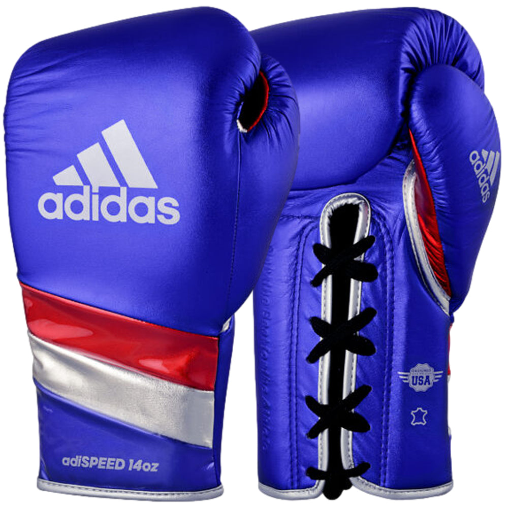 adidas Adi-Speed 500 Pro Lace Up Metallic Boxing Gloves 10oz 12oz 14oz 16oz Metallic Blue