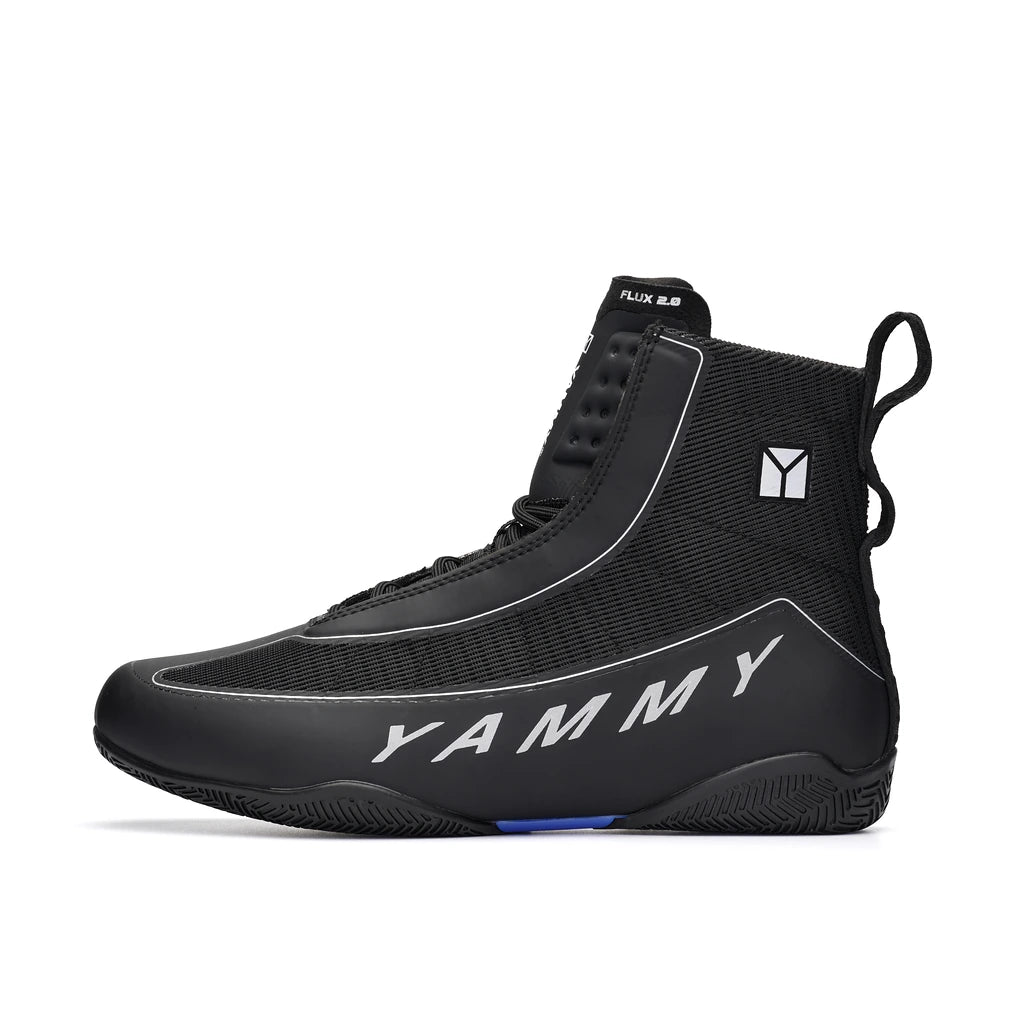 YAMMY Flux Mid 2.0 Black X-Ray boxing shoes, opposite side profile on a white background.