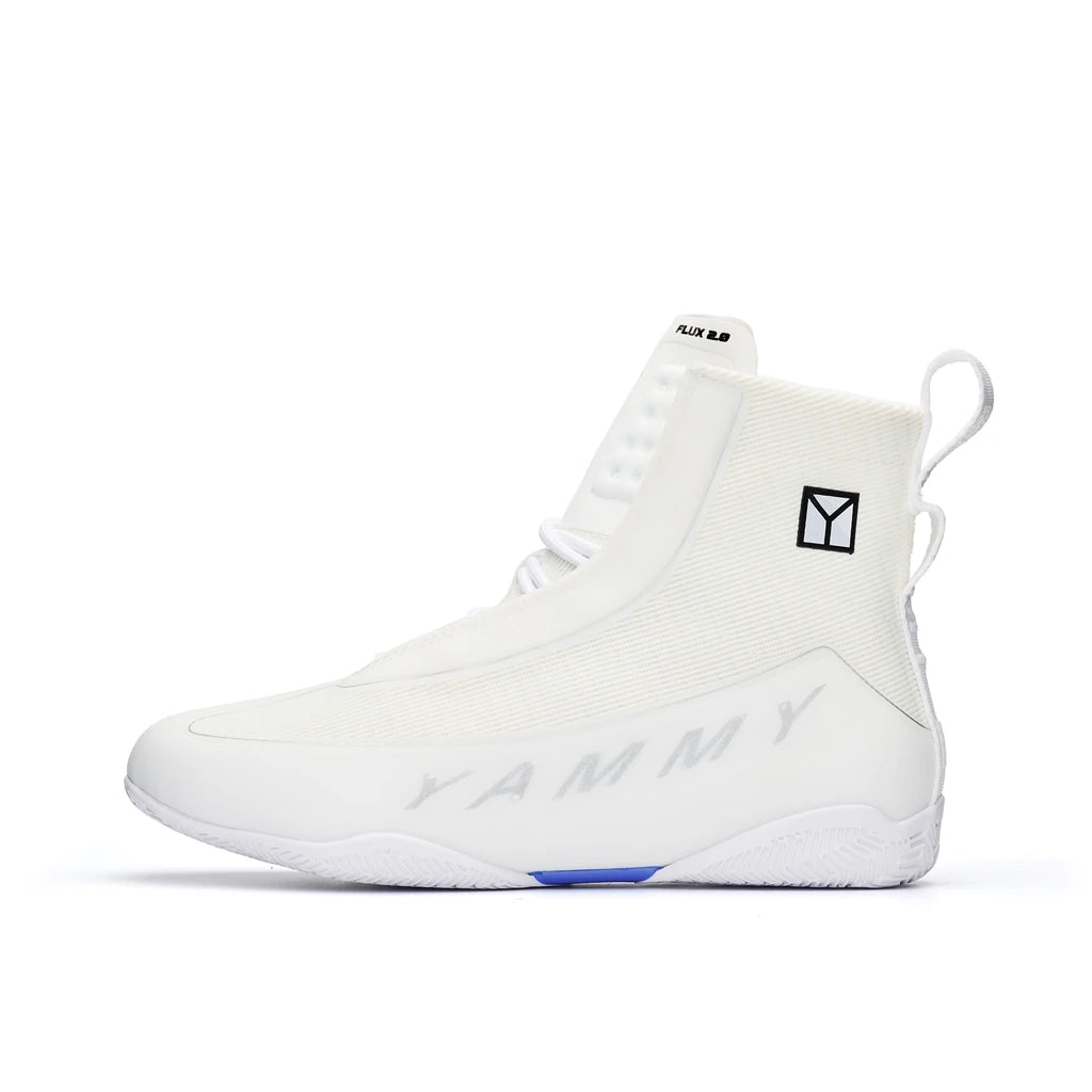 YAMMY Flux Mid 2.0 White X-Ray boxing shoes, opposite side profile on a white background.