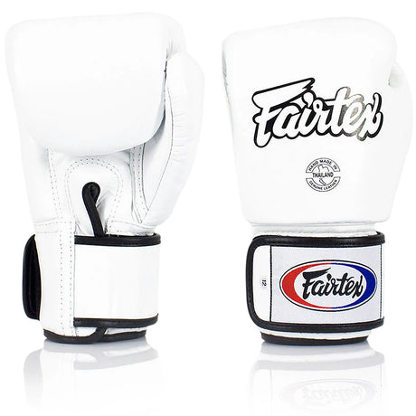 Fairtex BGV1 Universal Muay Thai Boxing Gloves White, front and palm pair