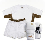 White athletic outfit with brown accents and boxing gloves on a white background