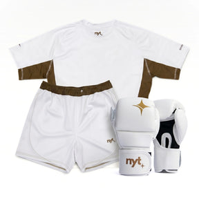 White athletic outfit with brown accents and boxing gloves on a white background