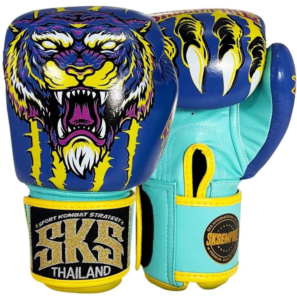 SKS UV Tiger Blue Muay Thai Gloves Muay Thai Gloves SKS Blue/Yellow/Purple 10oz 