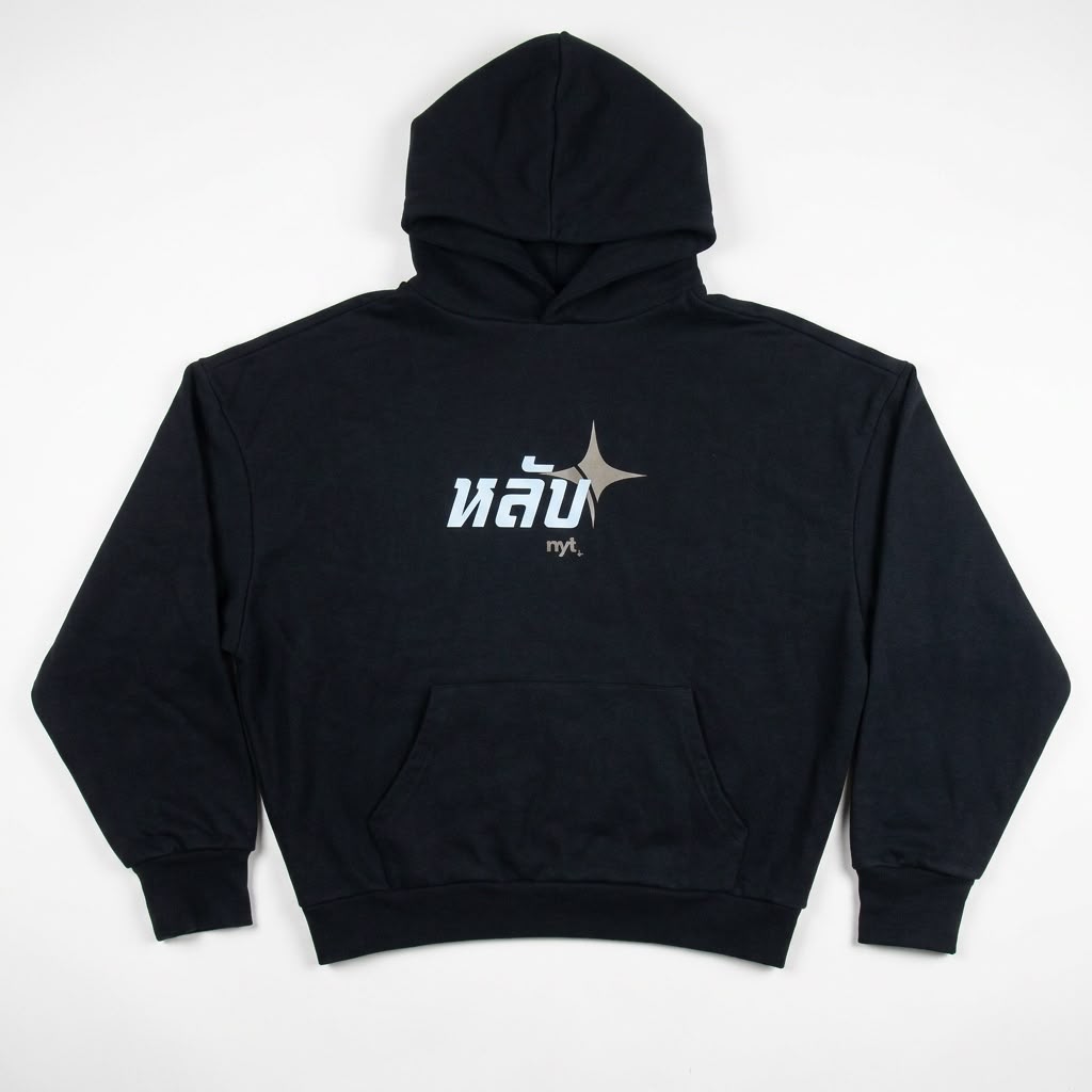 Sakyant Box Hoodie in black, front view with หลับ chest print