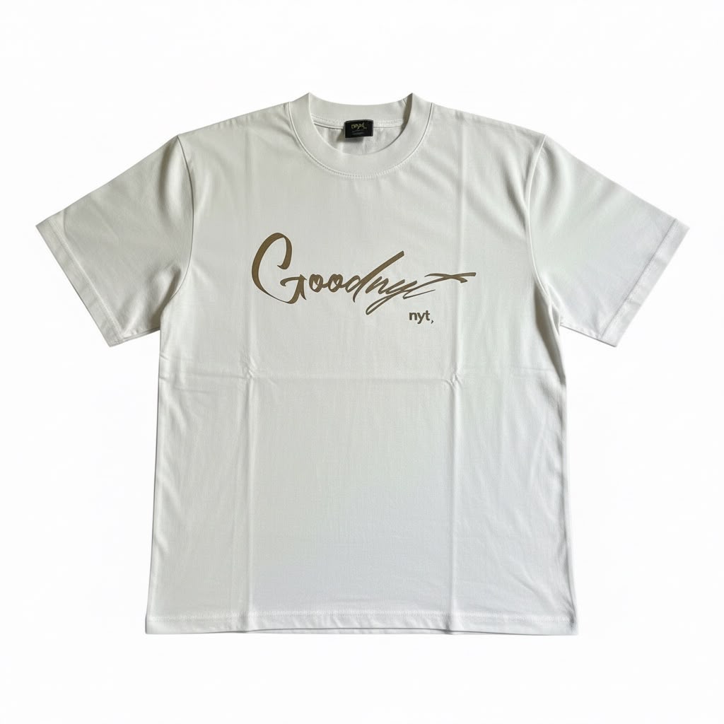 NYT Script Tee in off-white, front view with sand Goodnyt script chest print