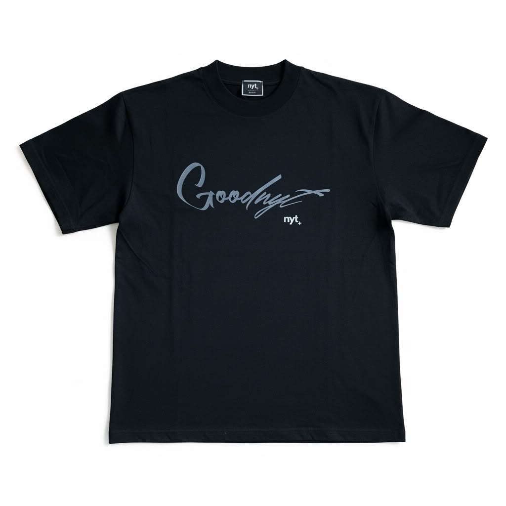 NYT Script Tee in black, front view with grey Goodnyt script chest print