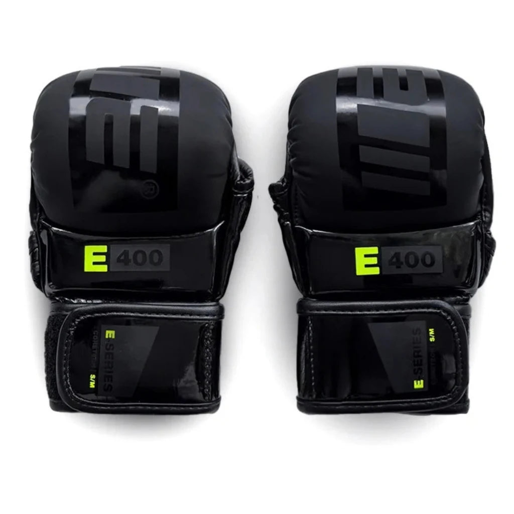 A pair of black boxing gloves with a large black 'E' logo on the back and a black wrist strap featuring a bright neon yellow 'E SERIES' logo and 'E 400' text, displayed on a clean white background.