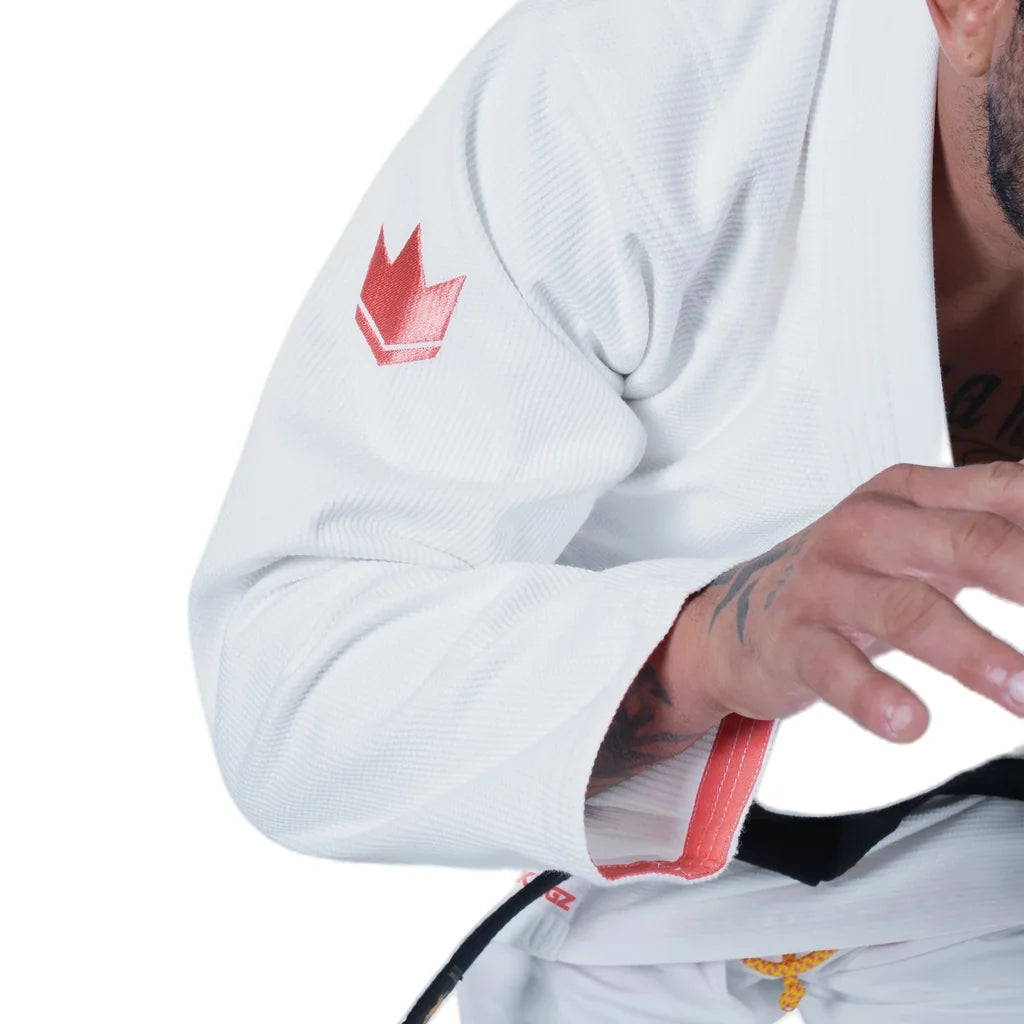 Kingz Mens The One V2 Guava Jiu Jitsu Gi White/Peach — sleeve crown embroidery