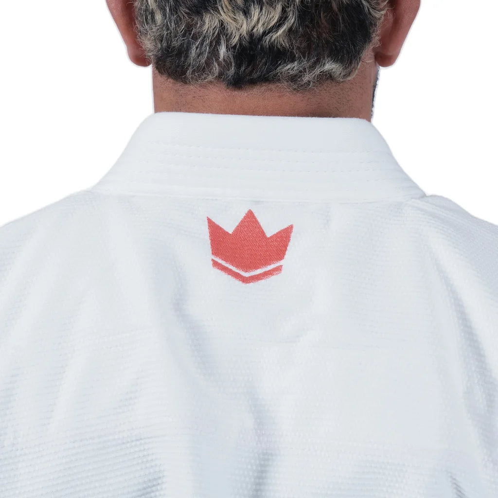 Kingz Mens The One V2 Guava Jiu Jitsu Gi White/Peach — collar crown embroidery