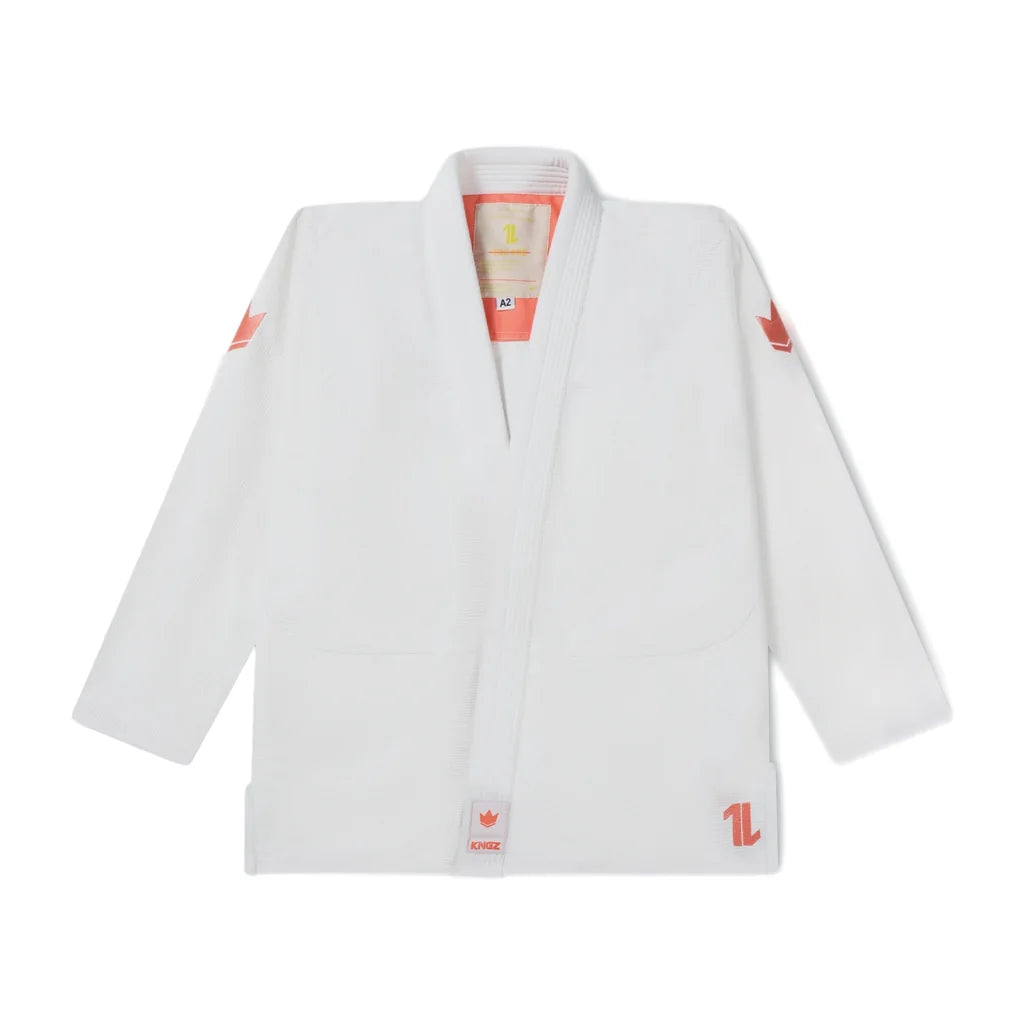 Kingz Mens The One V2 Guava Jiu Jitsu Gi White/Peach — jacket front