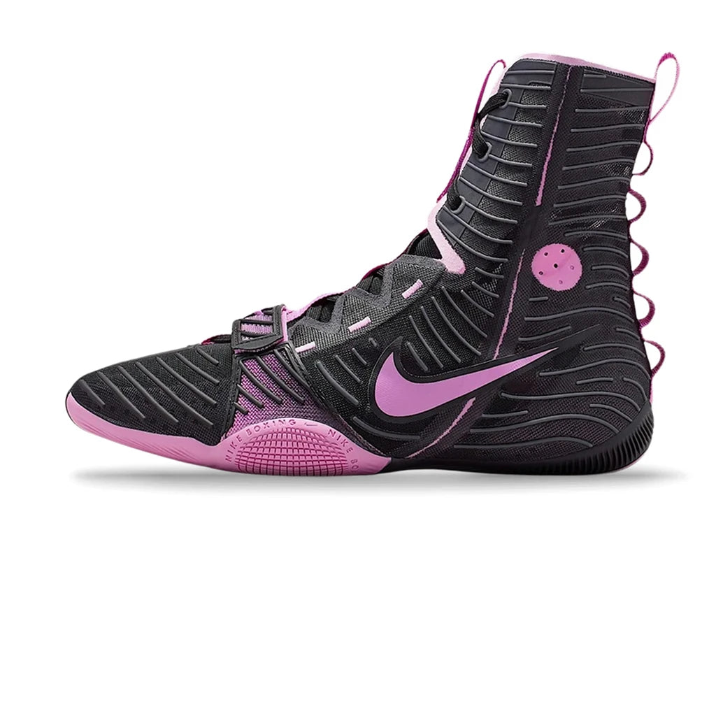 Nike HyperKO 3 Boxing Boots Black/Magenta - side view of the outer side, black upper with pink Swoosh and outsole