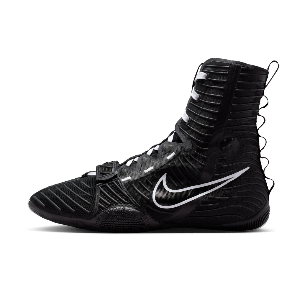 Nike HyperKO 3 Boxing Boots Black/White - side view of the outer side, black upper with white Swoosh