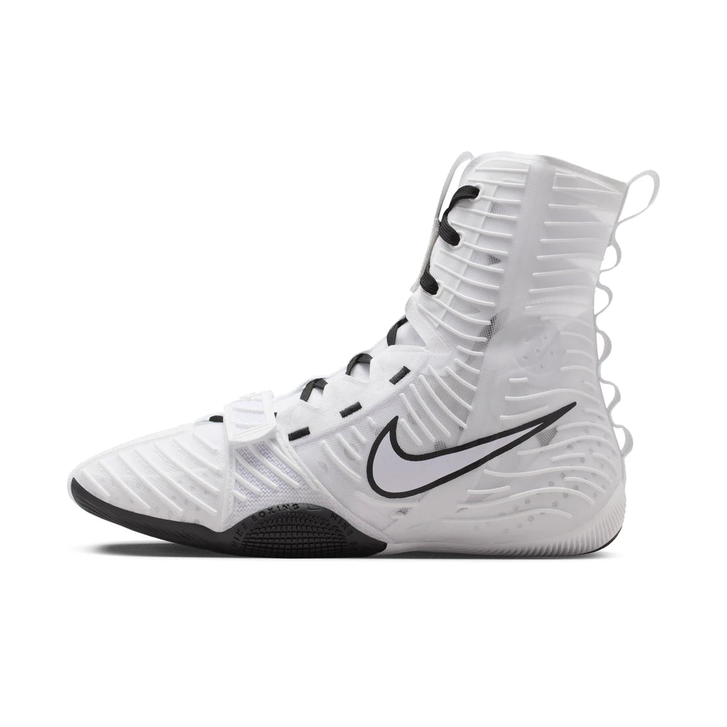 Nike HyperKO 3 Boxing Boots White/Black - side view of the outer side, white upper with black-outlined Swoosh