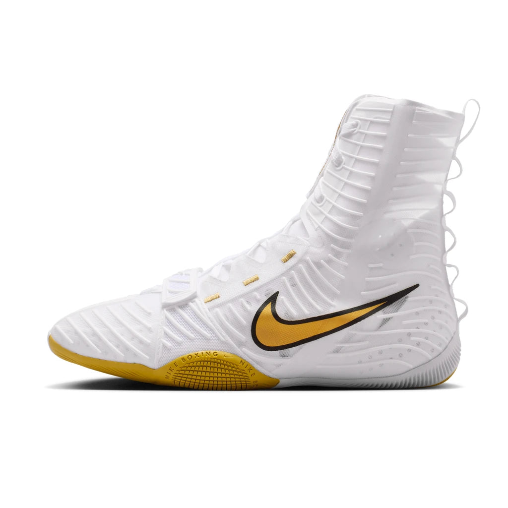 Nike HyperKO 3 Boxing Boots White/Gold - side view of the outer side, white upper with gold Swoosh