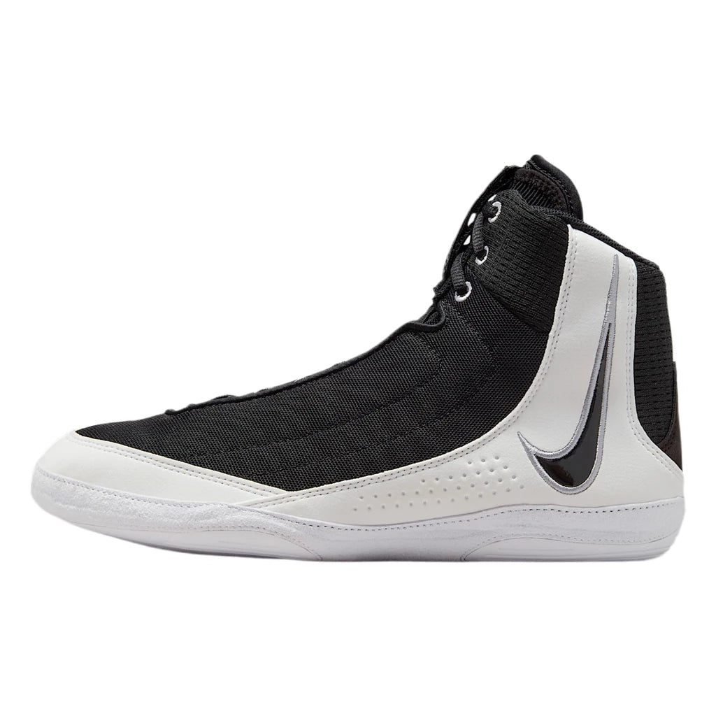 Nike Inflict 4 wrestling boot in Black/White/Grey, outer side view with black mesh upper and chrome Swoosh
