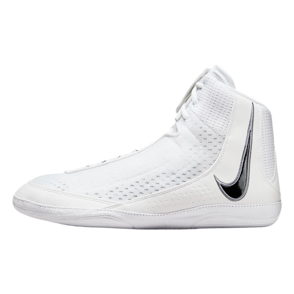 Nike Inflict 4 wrestling boot in White/Black, outer side view with white mesh upper and black Swoosh