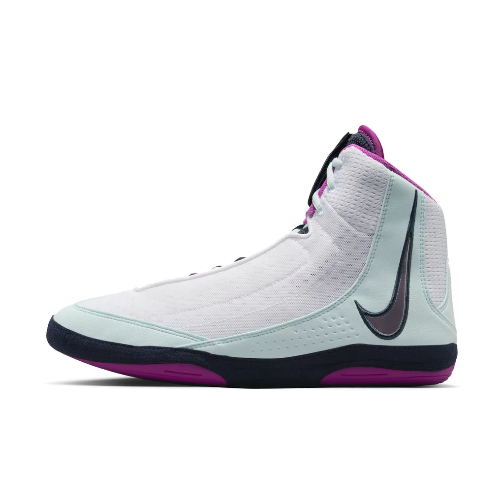 Nike Inflict 4 wrestling boot in White/Glacier Blue/Obsidian/Hyper Violet, outer side view