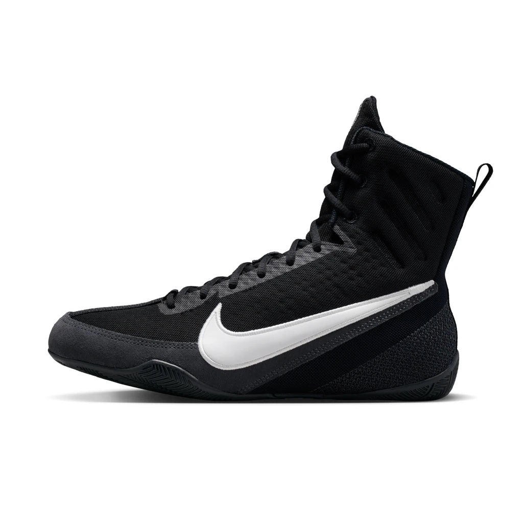 Nike Machomai 3 Boxing Shoes Black/White - side view of the outer side, black mesh upper with white Swoosh