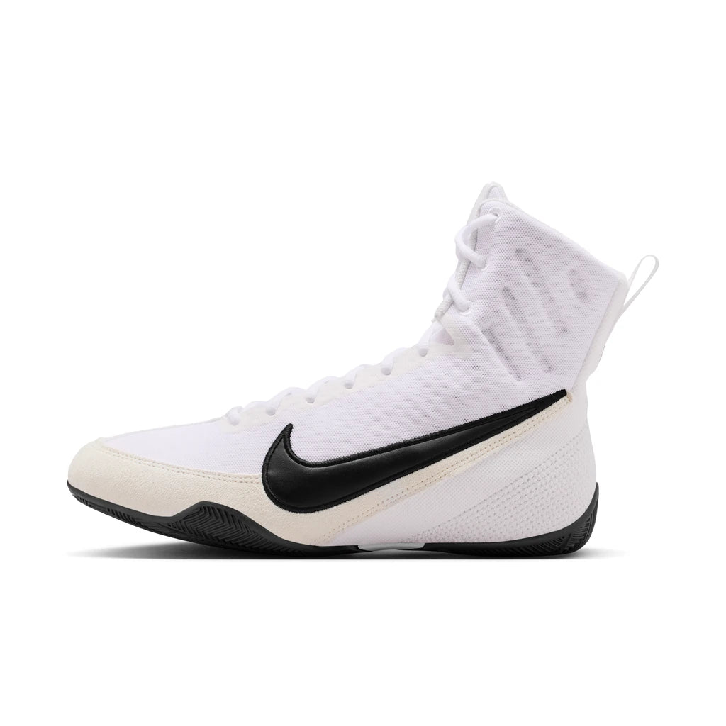 Nike Machomai 3 Boxing Shoes White/Black - side view of the outer side, white mesh upper with black Swoosh and black outsole