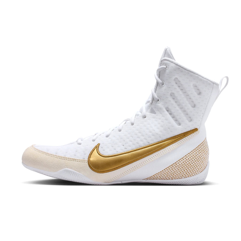 Nike Machomai 3 Boxing Shoes White/Gold - side view of the outer side, white mesh upper with metallic gold Swoosh