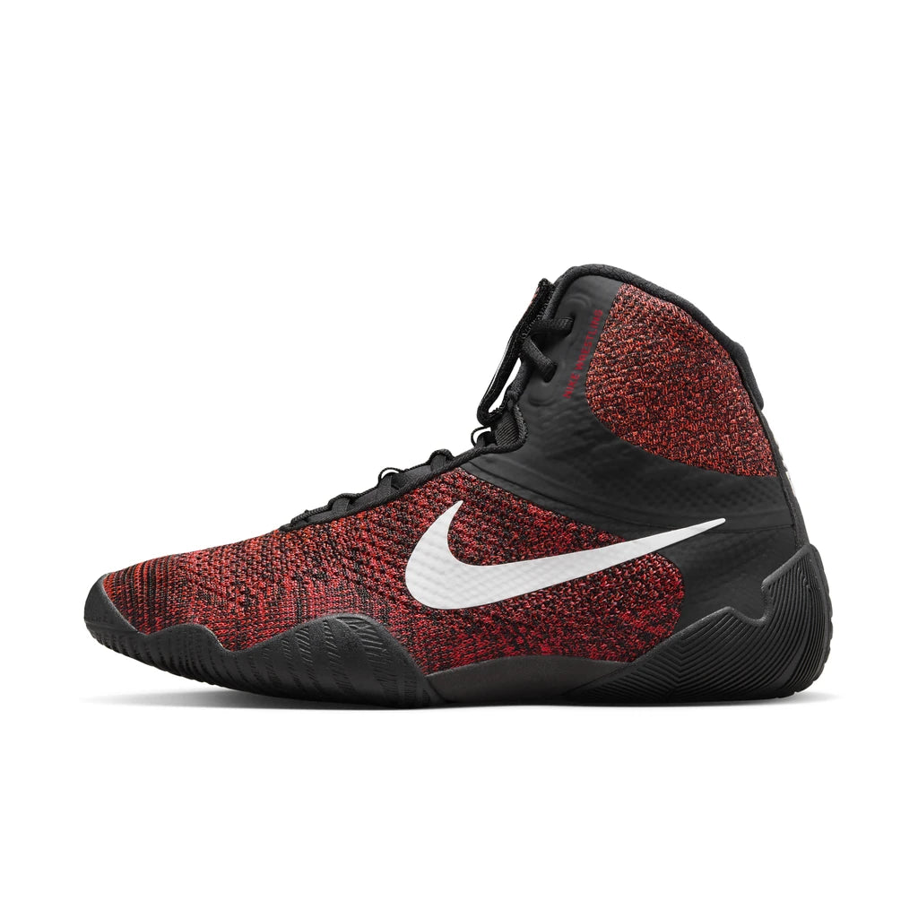 Nike Tawa Wrestling Boots Black/Red - side view of the outer side, black and red Flyknit with white Swoosh