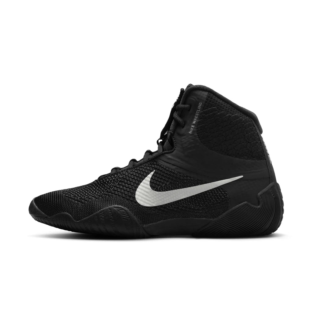 Nike Tawa Wrestling Boots Black/Silver - side view of the outer side, black with metallic silver Swoosh