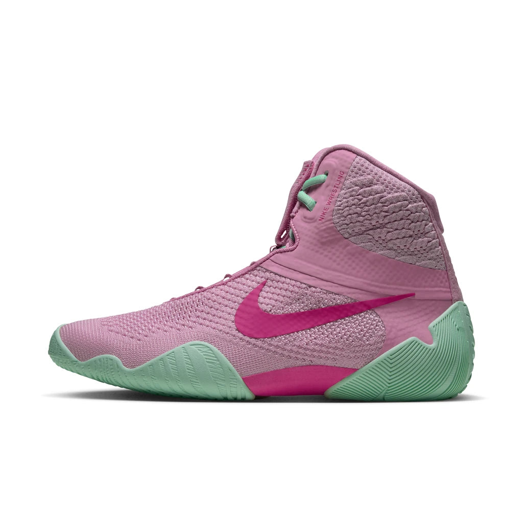 Nike Tawa Wrestling Boots Pink/Green - side view of the outer side, pink Flyknit with pink Swoosh and mint green outsole