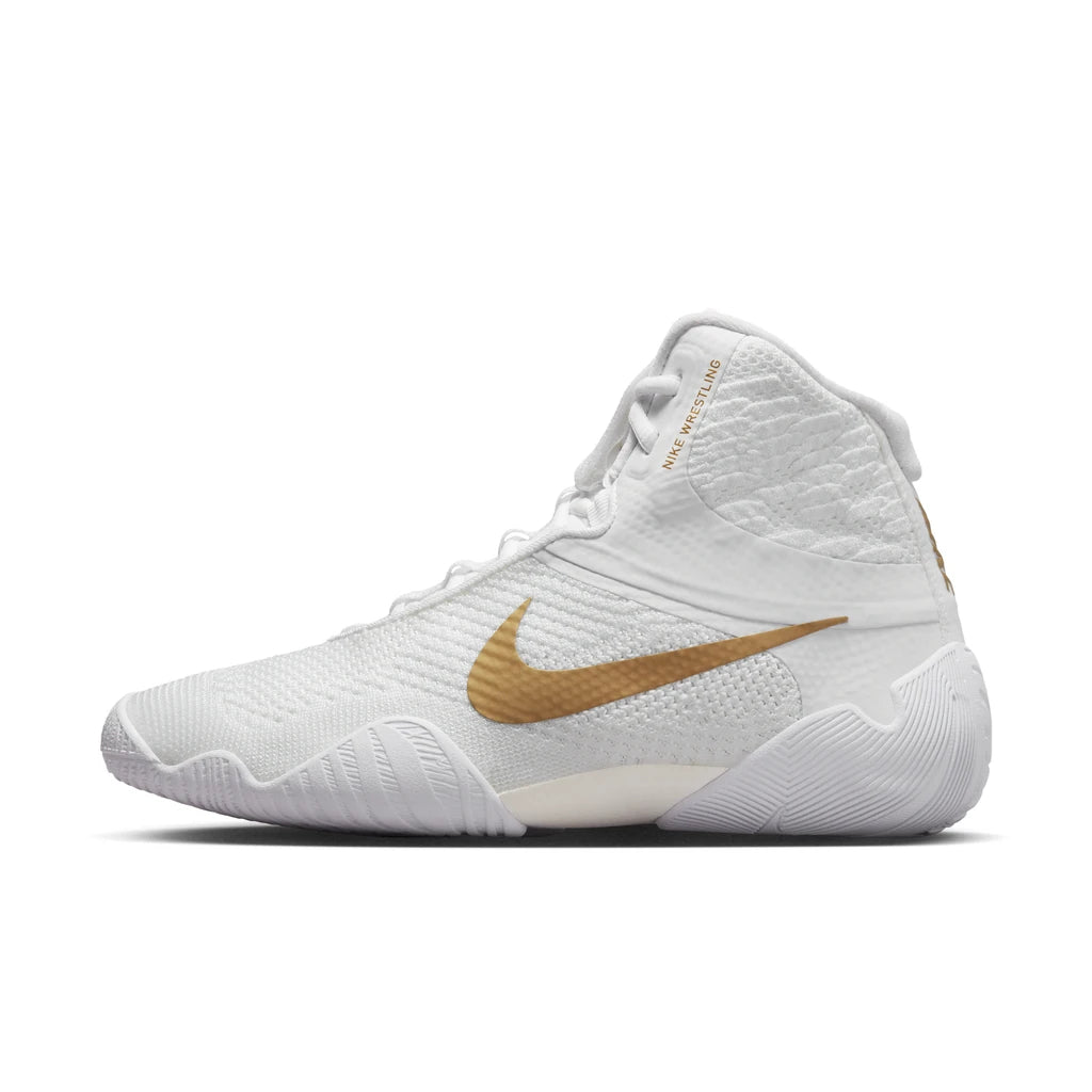 Nike Tawa Wrestling Boots White/Gold - side view of the outer side, white with metallic gold Swoosh