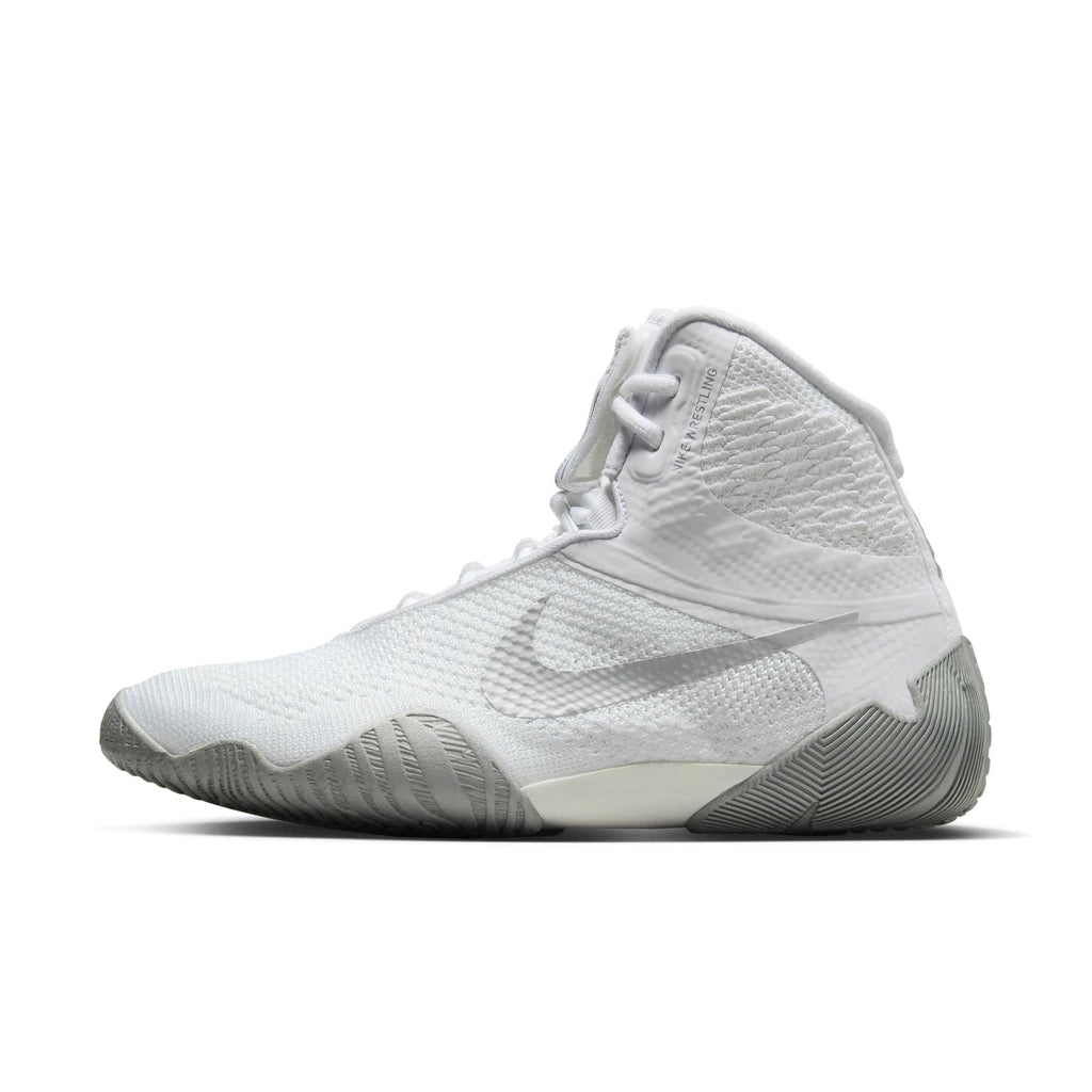 Nike Tawa Wrestling Boots White/Silver - side view of the outer side, white with metallic silver Swoosh and grey outsole