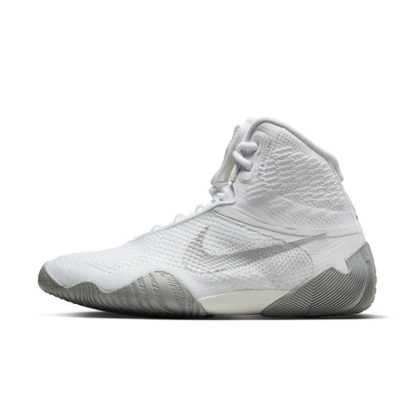 Nike Tawa Wrestling Boots White/Silver - side view of the outer side, white with metallic silver Swoosh and grey outsole