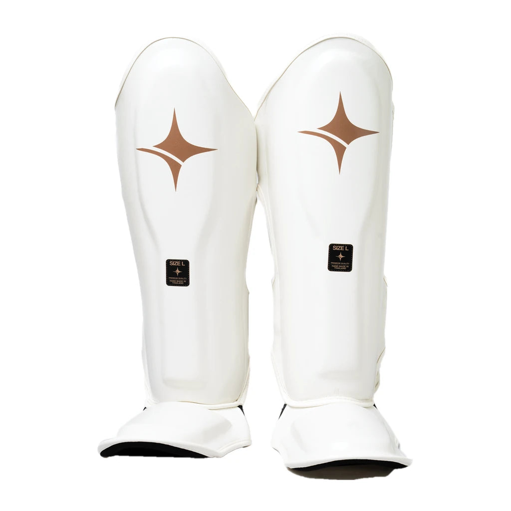 NYT Muay Thai Shin Guards White, front studio view