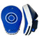 Blue and white Rival brand martial arts focus mitts shown from the front and side views on a white background.