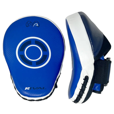 Blue and white Rival brand martial arts focus mitts shown from the front and side views on a white background.
