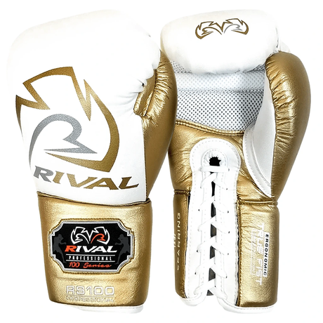 Rival RS100 Small-Fit Professional Sparring Gloves White/Gold, front pair