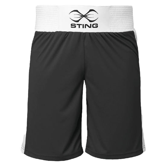 Load image into Gallery viewer, Sting Mettle Boxing Shorts AIBA Approved Black Front

