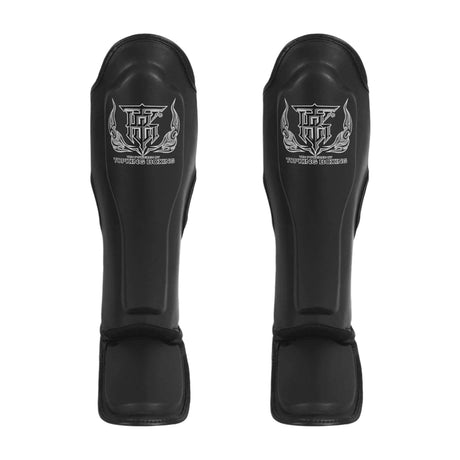 Top King Pro Leather Muay Thai Shin Guards Black - front-facing pair on white background