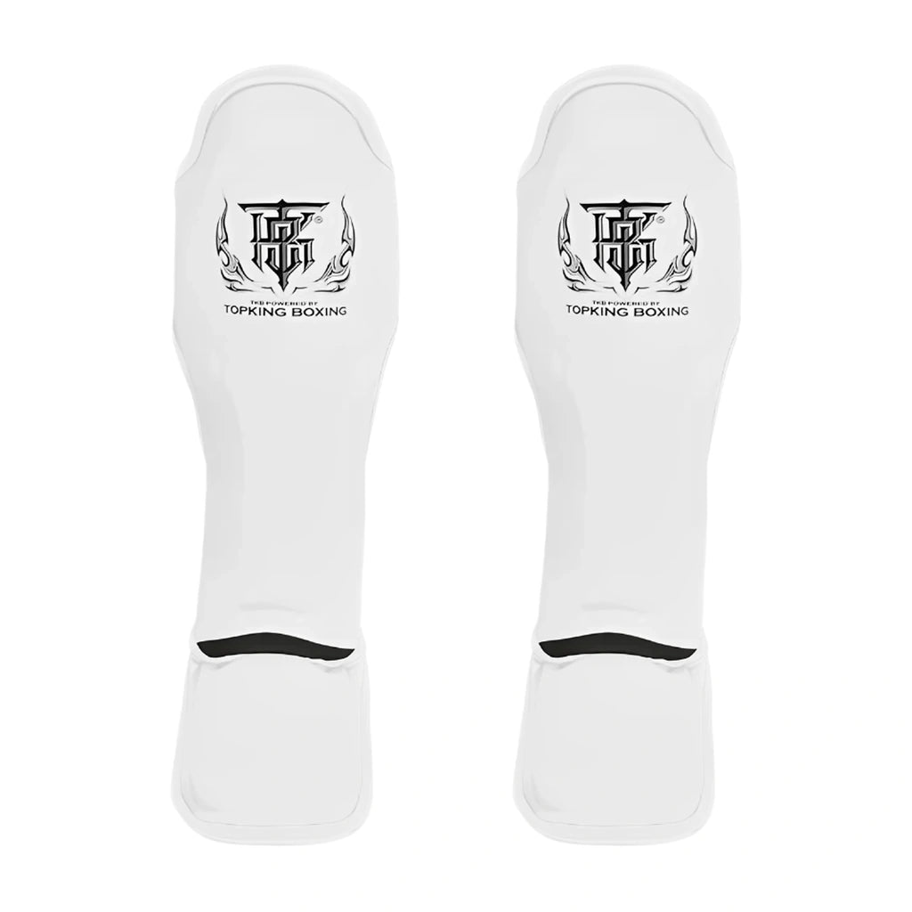 Top King Pro Leather Muay Thai Shin Guards White - front-facing pair on white background