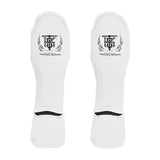 Top King Pro Leather Muay Thai Shin Guards White - front-facing pair on white background