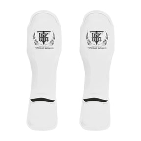 Top King Pro Leather Muay Thai Shin Guards White - front-facing pair on white background