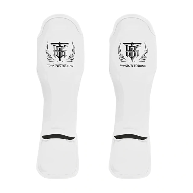 Top King Pro Leather Muay Thai Shin Guards White - front-facing pair on white background