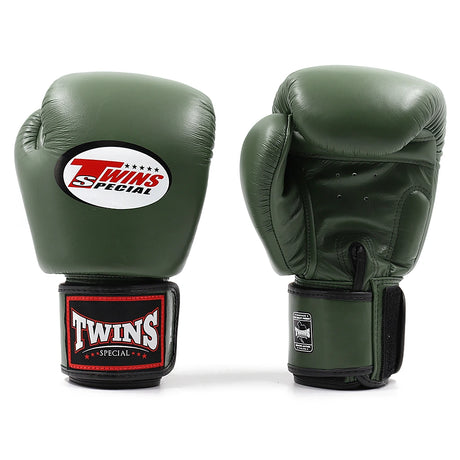 Twins BGVL3 Muay Thai Boxing Gloves Olive, front and palm view