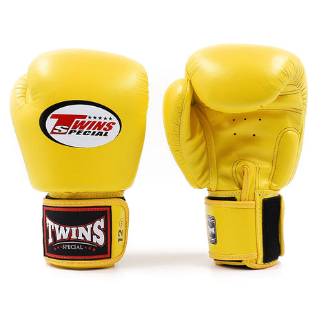 Twins BGVL3 Muay Thai Boxing Gloves Yellow, front and palm view