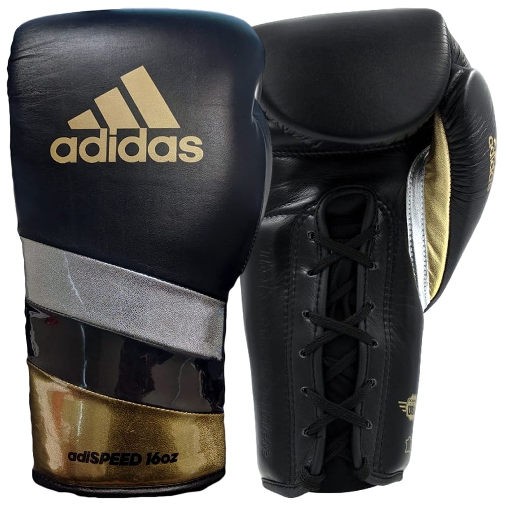 adidas Adi-Speed 500 Pro Lace Up Boxing Gloves 12oz 16oz Black/Gold