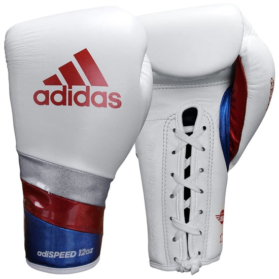 adidas Adi-Speed 500 Pro Lace Up Boxing Gloves 12oz 16oz White/Blue