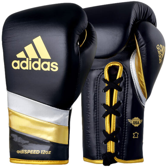 adidas Adi-Speed 500 Pro Lace Up Metallic Boxing Gloves 10oz 12oz 14oz 16oz Metallic Black