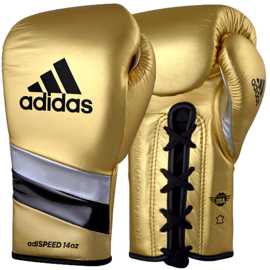Load image into Gallery viewer, adidas Adi-Speed 500 Pro Lace Up Metallic Boxing Gloves 10oz 12oz 14oz 16oz Black/Gold
