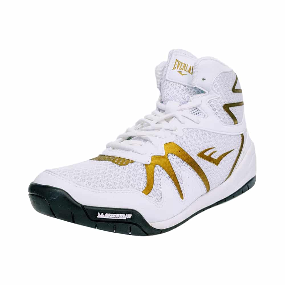 Load image into Gallery viewer, Everlast PIVT Boxing Boots White/Gold Front Angle
