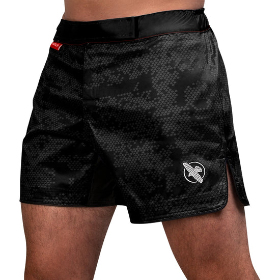 Load image into Gallery viewer, Hayabusa Hexagon Mid-Thigh Fight Shorts Black Left Side
