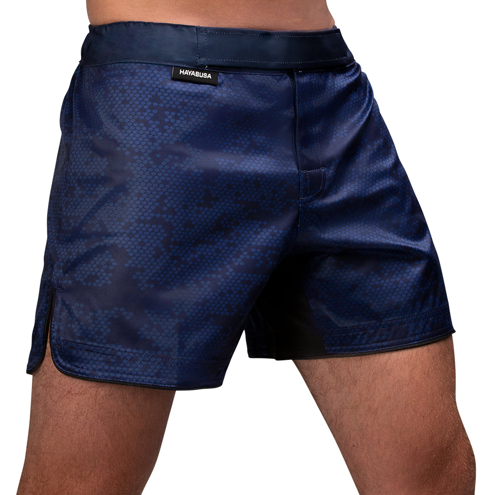 Load image into Gallery viewer, Hayabusa Hexagon Mid-Thigh Fight Shorts Navy Right Side
