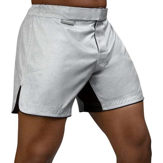 Load image into Gallery viewer, Hayabusa Hexagon Mid-Thigh Fight Shorts White Right Side
